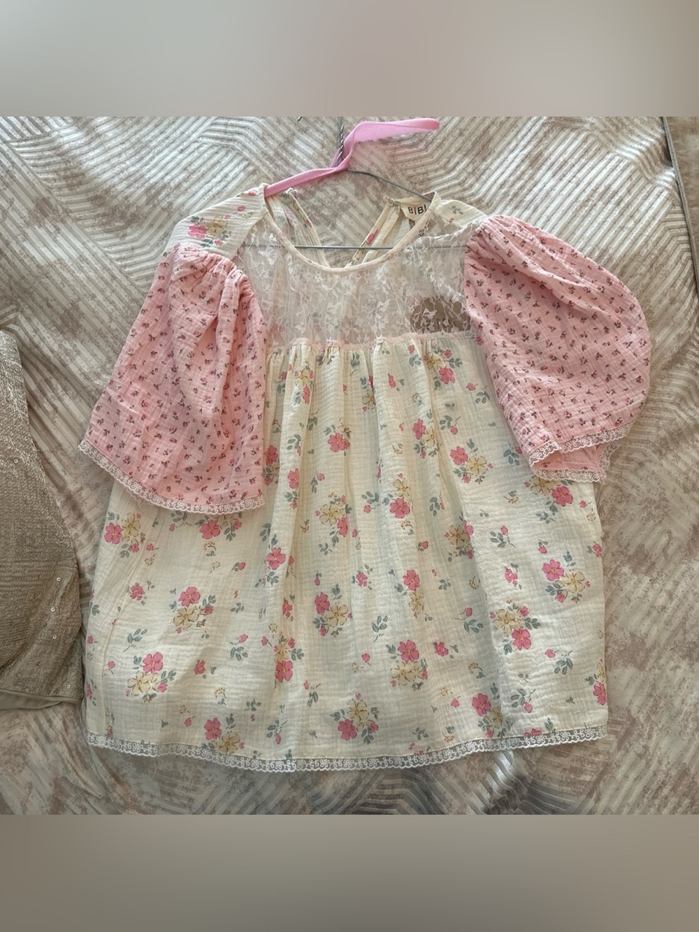 BiBi Pink & Cream Floral Lace Yoke Girls' Puff Sleeve Top